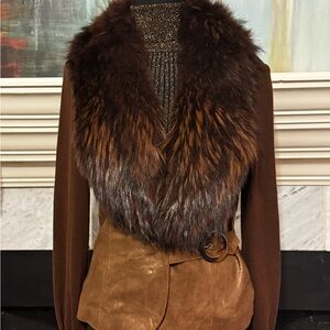 Cache’ suede and realRaccoon fur sweater jacket
